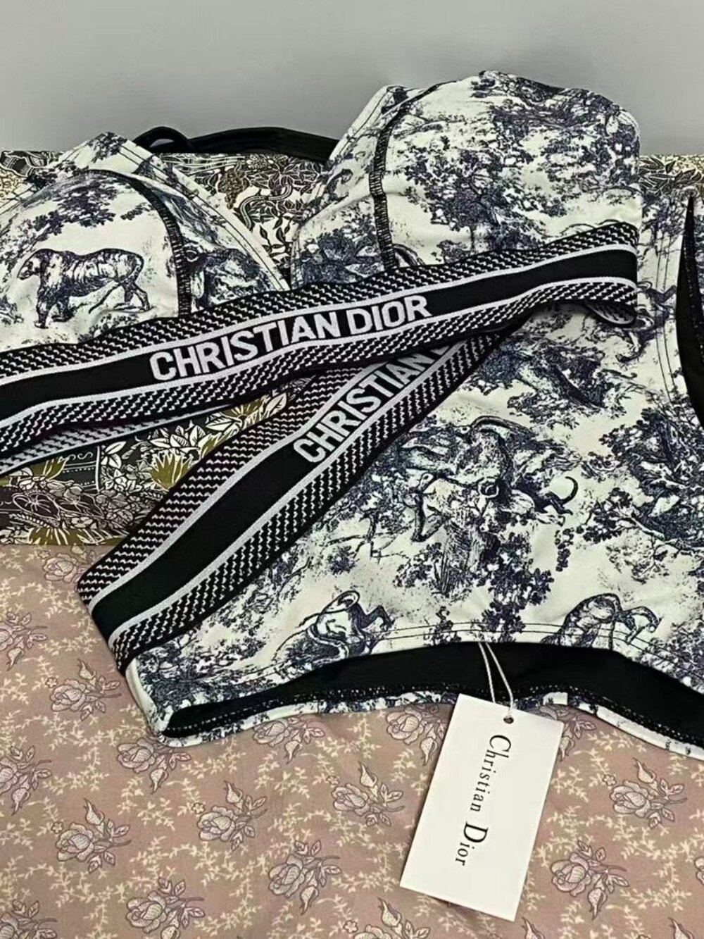 Christian Dior Black & White Toile Logo Bikini Set